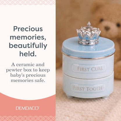 DEMDACO Blue Prince Crown First Tooth and Curl Keepsake Box, Ceramic