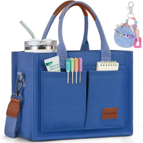 BECOJADDE Structured Canvas Tote Bag for Women, Multi-Compartment Zippered Purse for Work Bible Travel - color: Dark Blue, size: Medium