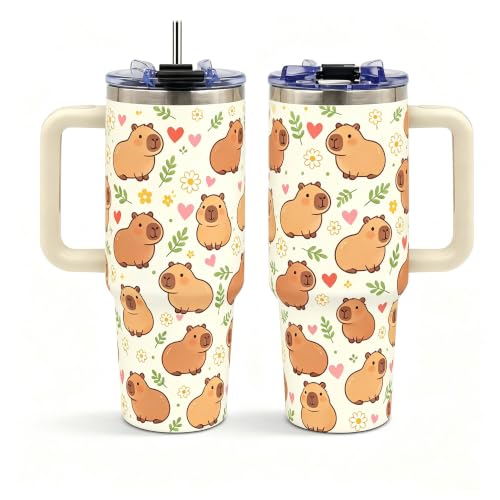 Capybara Tumbler 40 oz with Handle, Cute Capybara Gifts for Women Girls, Insulated Stainless Steel Cup with Straw, Funny Animal Lover Gift for Capybara Fans - color: Capybara1