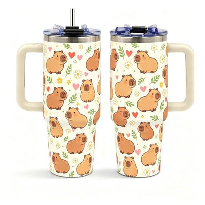 Capybara Tumbler 40 oz with Handle, Cute Capybara Gifts for Women Girls, Insulated Stainless Steel Cup with Straw, Funny Animal Lover Gift for Capybara Fans - color: Capybara1