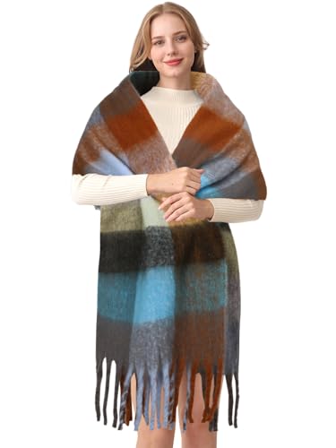 HOTIAN Women's Large Scarf Colorful Chunky Plaid Scarves Soft Winter Thick Tassel Warm Wrap Shawl - color: Light Blue Gray