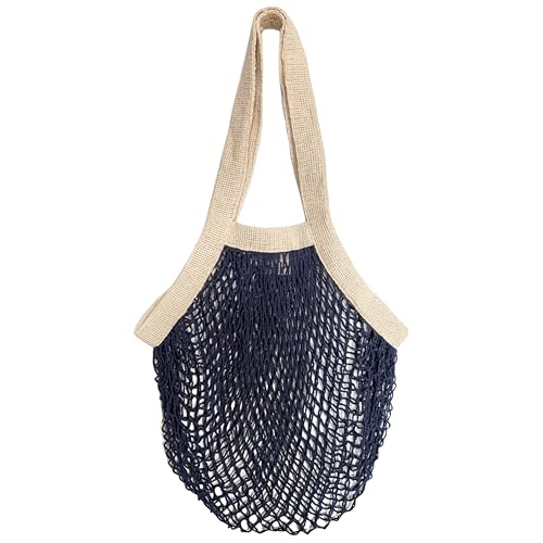 PILLOWPIA French Market Bag – Organic Cotton Tote, Handcrafted Adjustable Strap, Eco-Friendly 12-15" Farmers Market Carrier - color: Navy