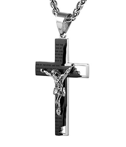 HZMAN Men's Stainless Steel Cross Crucifix Bible Prayer Pendant Necklace - color: Black