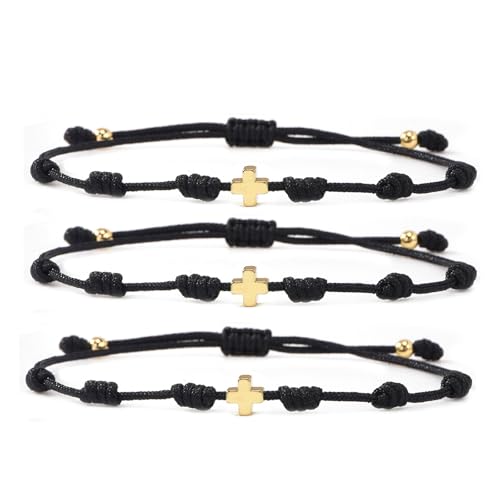 7 Knots Protection Good Luck Red String Rope Gold Cross Bracelet for Women Men, 3Pcs stack Evil Eye Handmade Amulet Adjustable Jewelry, God Christ Pray Friendship Gift - color: Black Cross
