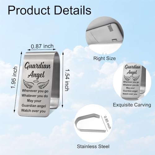 XQLZY May Your Guardian Angel Watch Over You Engraved Stainless Steel Car Visor Clip, Funny Safe Driving Gifts for Women Men Family Friend, New Driver Gifts for Men, Safe Drive Reminder Present - color: Sliver061