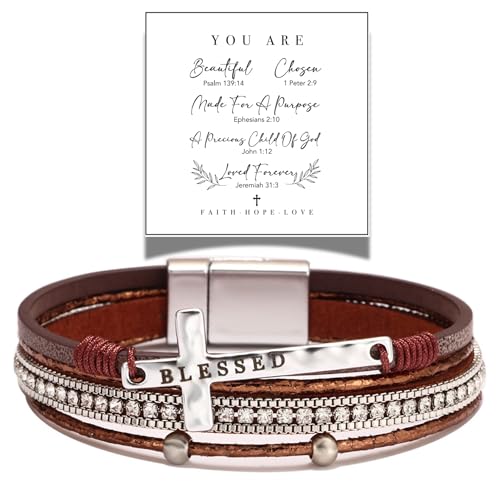 LINGYUAN Cross Bracelet for Women, Leather Religious Christian Jewelry - color: Brown