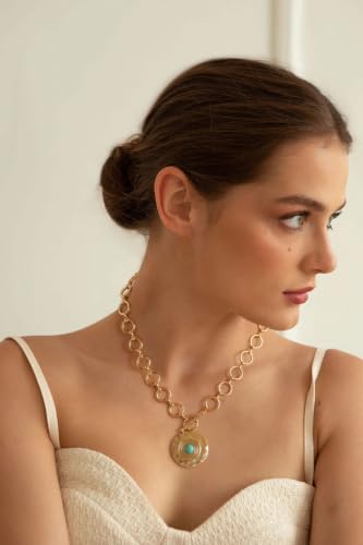 SOFYBJA Saint Benedict Necklace Drop 18K Gold Toggle Medallion Coin Cross Pendant Necklaces Religious Jewelry Catholic Gift for Women - color: Gold Turquoise Disc Necklace