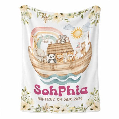 Personalized Baptism Noah's Ark Toddler Blanket, Christian Rainbow Animal Bible Story Throw, Custom Name and Date Faith Keepsake for Boy Girl, Religious Gift from Parents Grandparents - color: Baptsim Toddler Blanket#8