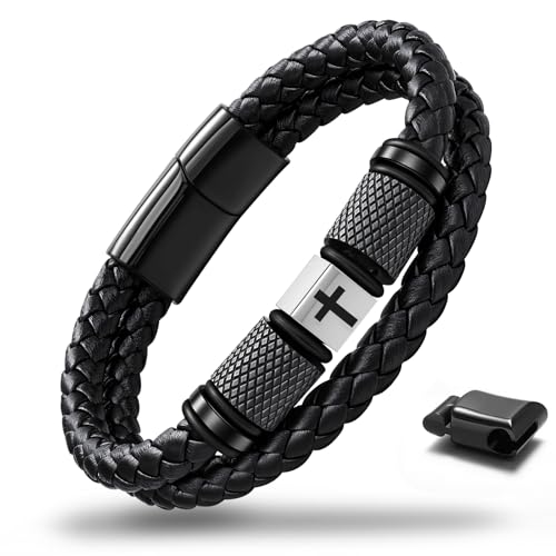 Leather Bracelet for Men, Viking & Christian Cross Jewelry Gift