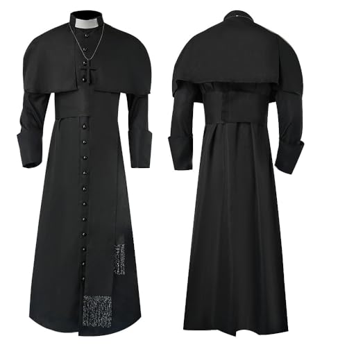 Clergy Robe Set with Cross, Full Length Button-Down, Black with White Trim, Includes Stole and Gold Cross Necklace - color: Black, size: X-Large
