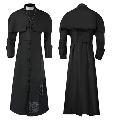 Clergy Robe Set with Cross, Full Length Button-Down, Black with White Trim, Includes Stole and Gold Cross Necklace - color: Black, size: X-Large