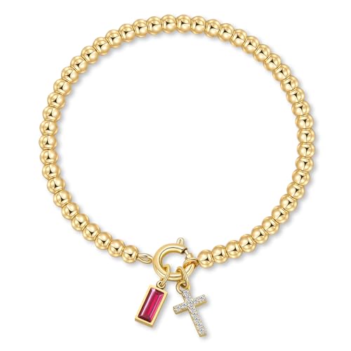 Korotho Cross Birthstone Bracelet for Women - Dainty Elastic 14K Gold Plated Bead Bracelets Trendy Waterproof Non Tarnish Birthday Jewelry Gifts Birthday Christmas Stocking Stuffer for Mom Friends - color: 10-October(Tourmaline)