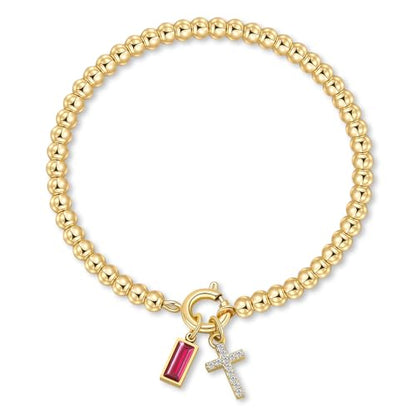 Korotho Cross Birthstone Bracelet for Women - Dainty Elastic 14K Gold Plated Bead Bracelets Trendy Waterproof Non Tarnish Birthday Jewelry Gifts Birthday Christmas Stocking Stuffer for Mom Friends - color: 10-October(Tourmaline)
