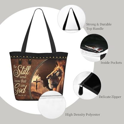 Bible Tote Bags for Women Christian Tote Bag Church Shoulder Bag Inspirational Bags With Zipper Christian Gift - color: Be Still and Know That I Am God 2
