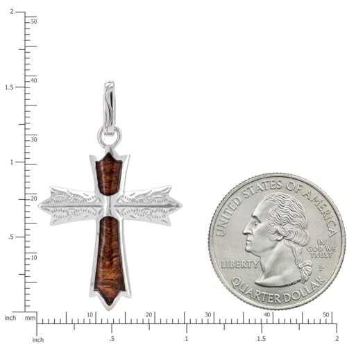 Sterling Silver Koa Wood Inlay Cross Crucifix Necklace Pendant with 18" Box Chain, Nickel Free Hypoallergenic for Sensitive Skin, Gift Box Included - color: Scroll Cross