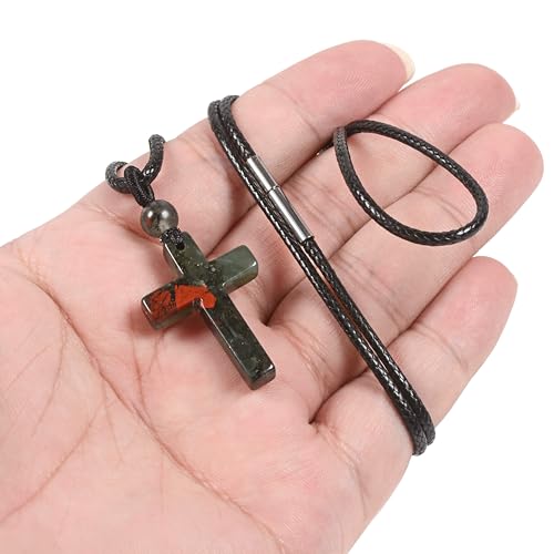 Justinstones Natural Gemstone Carved Cross Reiki Chakra Pendant Necklace 22 Inch - color: 30mm African Bloodstone