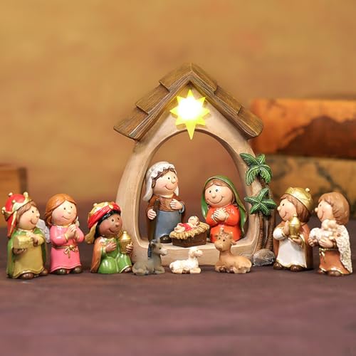 Nativity Set & Figures, 12 Pieces Small Christmas Nativity Scene with LED Light Resin Lighted Tabletop Nativity Indoor Decor Includes 1 Manger and 11 Figurine (Mini Figure)
