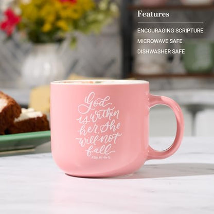 Christian Art Gifts Ceramic Coffee Mug: Psalm 46:5 Bible Verse - color: God is Within Her/Pink Floral, size: 14 Ounces