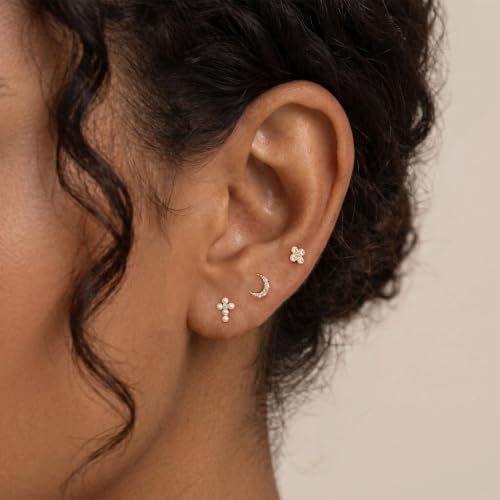 Flat Back Earrings - 14K Gold Plated Tiny CZ Butterfly Cross Moon Flat Back Stud Earrings Dainty Cartilage Earring Set Hypoallergenic Helix Earrings for Women Trendy Tragus Piercing Jewelry - color: Gold-Set4