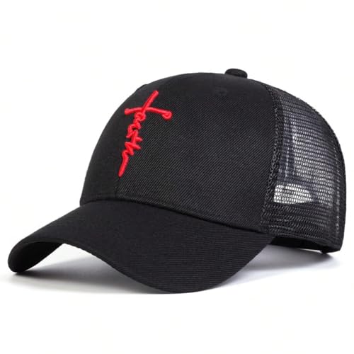 Embroidered Cross Baseball Cap, Christian Adjustable Snapback Hat for Men & Women, Structured Dad Hat with Jesus Faith Design - color: Trucker Black Hat Red Cross