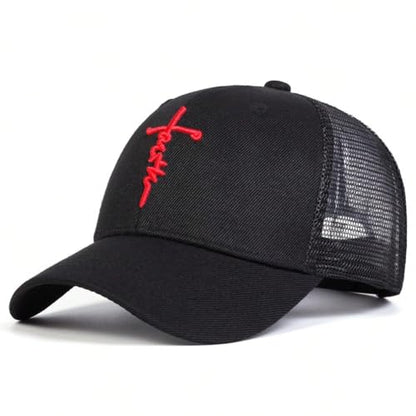 Embroidered Cross Baseball Cap, Christian Adjustable Snapback Hat for Men & Women, Structured Dad Hat with Jesus Faith Design - color: Trucker Black Hat Red Cross