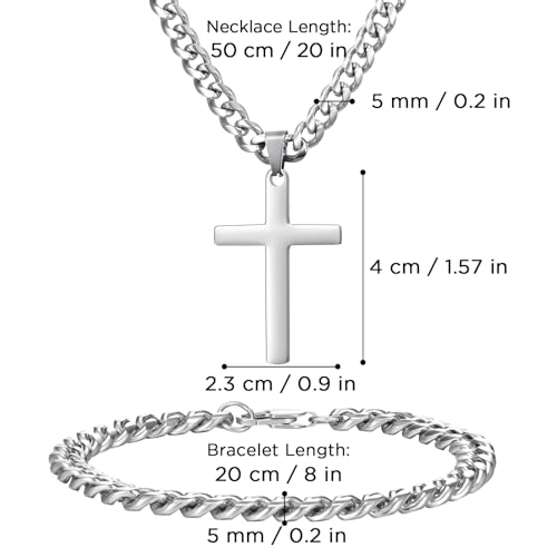 NORBU Stainless Steel Cross Necklace and Bracelet Set for Men, Cuban Link - color: Silver Cuban