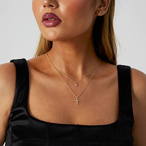 VIROMY Gold Cross Necklace for Women 14K Gold Plated Cute Sidways Cross Pendant Choker Necklaces Simple Trendy Everyday Jewelry for Women - style: Layered CZ Cross Necklace-38/44-Gold