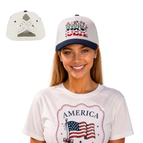 C.C Women's Criss-Cross Ponytail Trucker Hat - Snapback, One Size - color: Floral Usa-navy