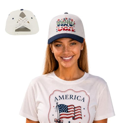 C.C Women's Criss-Cross Ponytail Trucker Hat - Snapback, One Size - color: Floral Usa-navy