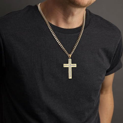 HZMAN Cross Necklace for Men Stainless Steel Cross with Cubic Zirconia Inlay Pendant Necklace with 7mm Cuban Chain 24In - color: Gold