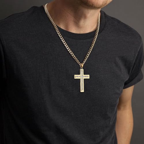 HZMAN Cross Necklace for Men Stainless Steel Cross with Cubic Zirconia Inlay Pendant Necklace with 7mm Cuban Chain 24In - color: Gold