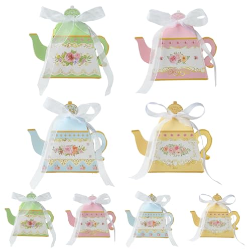 Airssory 3D Teapot Shaped Paper Candy Gift Boxes, 24 Bags (6 Bags/Color, 4 Colors), Flower Printed, with Ribbon, 8.5x8.5x10.5 cm, for Party Favors, Wedding, Birthday, Holiday Treats - color: 3D Teapot Candy Gift Boxes
