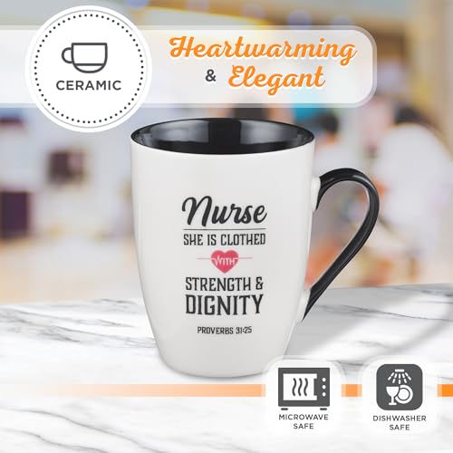 Christian Art Gifts Inspirational Ceramic Coffee & Tea Scripture Mug for Women Nurses: Strength & Dignity Encouraging Proverb, Microwave/Dishwasher Safe Novelty Cup, Cute Heart, White & Black, 12 oz. - color: White & Black/Strength & Dignity Nurse, size: