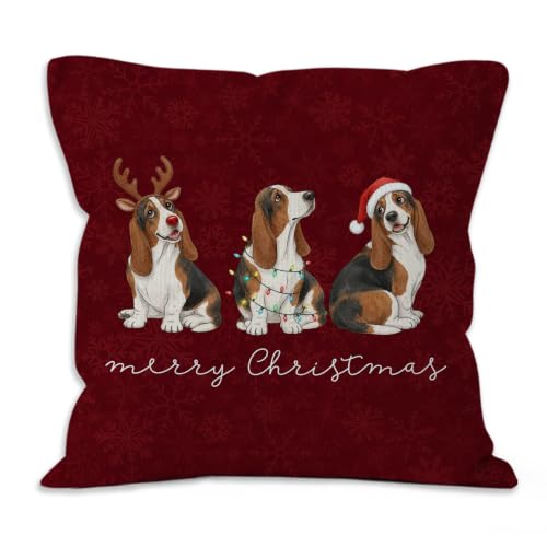 Merry Christmas Basset Hound Throw Pillow Covers 18x18 Home Decor - color: Basset