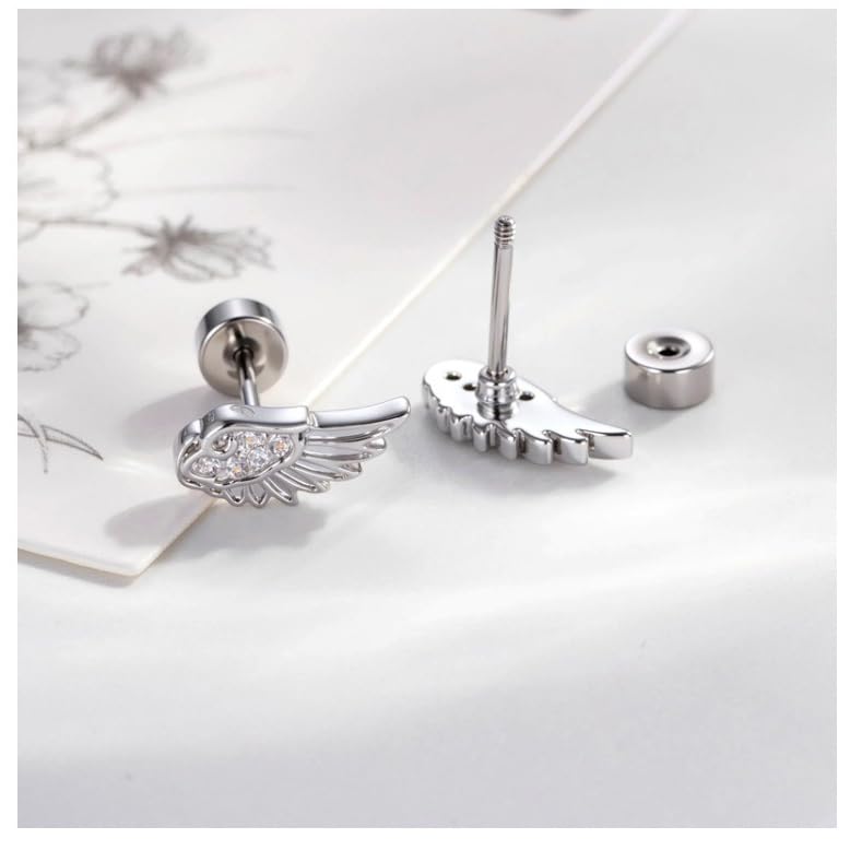 Goth Angle Wing Earrings Silver Flat Back Hypoallergenic Women Studs