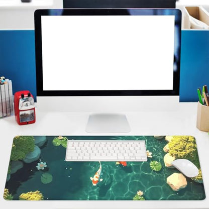 Koi Fish Gaming Mouse Pad 3D Carp Pond Lotus Leaf Swimming Mousepad Extended Large Laptop Keyboard Non-Slip Rubber Base with Stitched Edges for Home 31.5x11.8 in - color: Koi Fish, size: 31.5L x 11.8W inches
