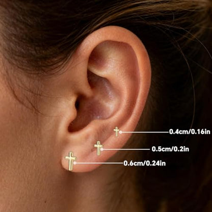 3pcs Cross Stud Earrings, 3 Size Flat Back Cross Stud Cartilage Piercing Jewelry for Women Men - color: Gold