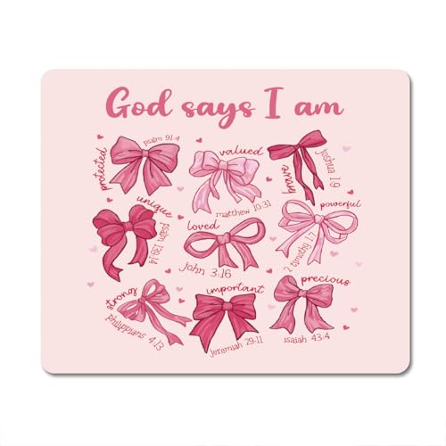 Pink Christian Bow Mouse Pad for Desk, Bible Religious Pink Office Accessories for Women Girls, Gifts for Christian Women Girls, God Says I Am, 9.4x7.8 Inch - color: pink bow