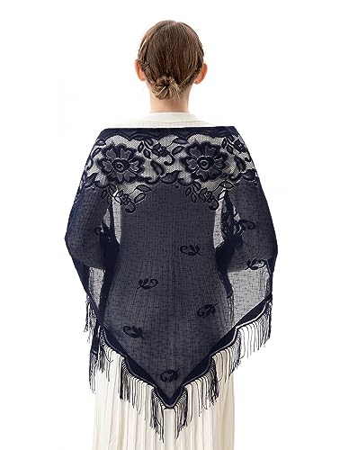 PAMOR Triangle Catholic Church Veil Chapel Veil Scarf Mantilla Veils Wrap Shawl Mass Head Covering with Fringe Trim - color: Navy Blue