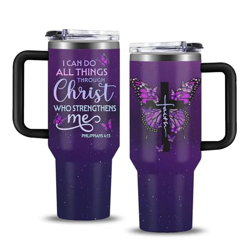 Christian Gifts for Women, 40 oz I Can Do All Things Christ Tumbler With Handle, Inspirational Religious Birthday Gifts for Faith Cup, Christian Jesus God Bible Verse Pastor Prayer Gift for Christmas - color: I Can Do All Things Christ01-Purple, size: 40