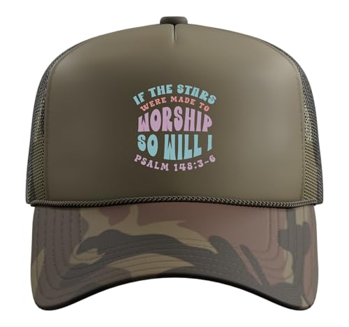 Christian Faith If Stars were Made to Worship Bible Verse Trucker Hat with Adjustable Mesh Back - color: Camo Green