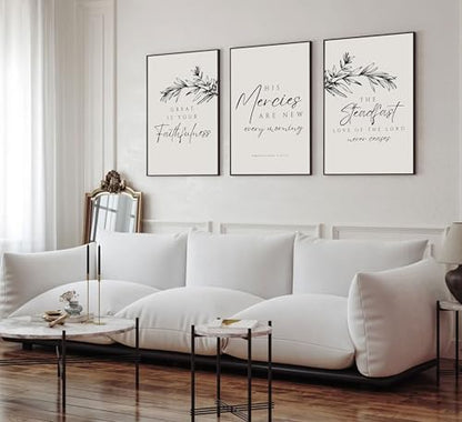 3Pcs Christian Bible Verse Wall Art Scripture Prayer Canvas Poster Print Neutral Black Botanical Painting Steadfast Love Mercies Faith Picture Wall Decor for Living Room Office 16x24in Unframed - size: 24"L x 16"W