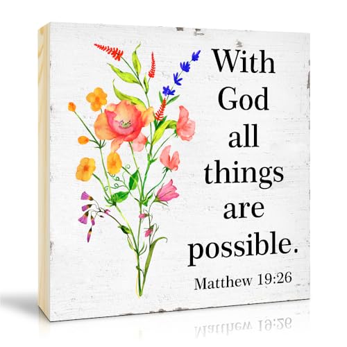TOUNER With God All Things Are Possible Wood Box Sign, Inspirational Matthew 19:26 Quotes Wood Desk Decor, Christmas Thanksgiving Religious Faith Table Display Gifts for Women Mom Aunt Sister BFF - color: multicolored033