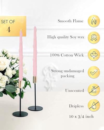 Pink Candlestick Taper Candles Flower Soy Candles Unscented Wedding Party Wax Unscented Dinner Candle Dripless,10 inch,Set of 4,J2 - color: J2-Pink