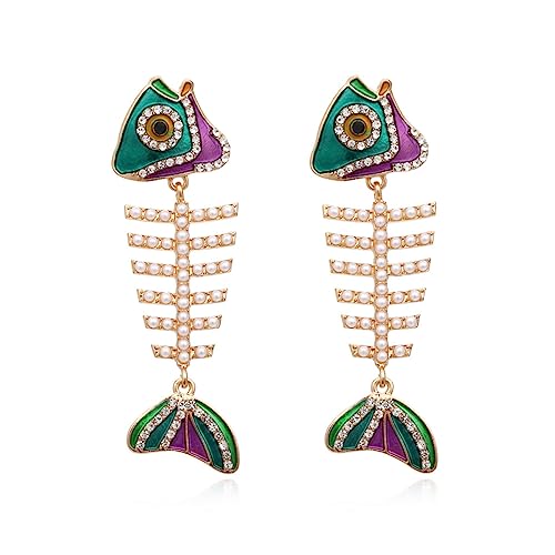 Fish Bone Earrings Drip Oil Animal Earrings Colorful Crystal Sparkly Enamel Earrings Creative Long Fishbone Earstud Dangle Fish Drop Earrings Jewelry for Women - color: Pearl