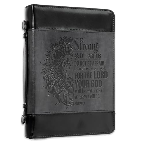 Christian Art Gifts Classic Faux Leather Bible Cover for Men and Women: Be Strong and Courageous - Joshua 1:9 Inspirational Bible Verse with Lion, Gray and Black, Large - size: Large