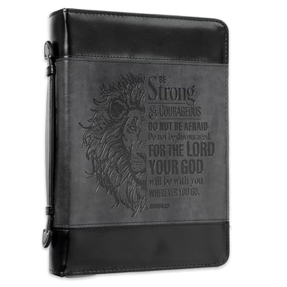 Christian Art Gifts Classic Faux Leather Bible Cover for Men and Women: Be Strong and Courageous - Joshua 1:9 Inspirational Bible Verse with Lion, Gray and Black, XL - size: Extra Large