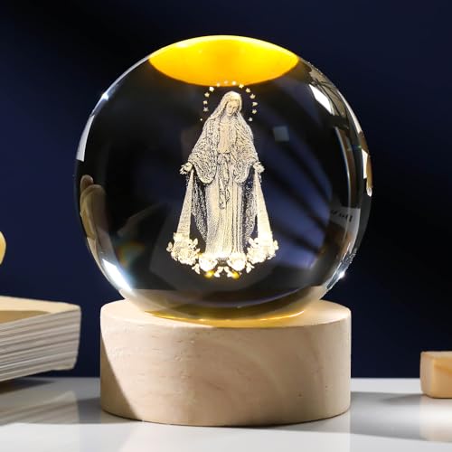 Arikyrist 3D Crystal Virgin Mary Statue Figurine with Wooden Base, Laser Etched Crystal Our Lady of Guadalupe Glass Sphere Statue, 3D Crystal Ball Mother Mary Christian Catholic Religious Easter Gifts - color: 3d Mary#1