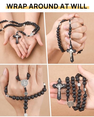 Wooden Rosary Beads, Rosarios Catolicos with Metal Cross for Men & Women - color: Pine Black