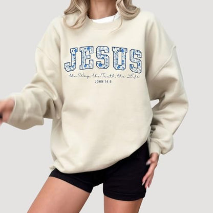 FITIN Unisex Jesus The Way The Truth The Life Christian Sweatshirt John 14:6 Floral Faith Pullover Neutral - color: Sand, size: Large